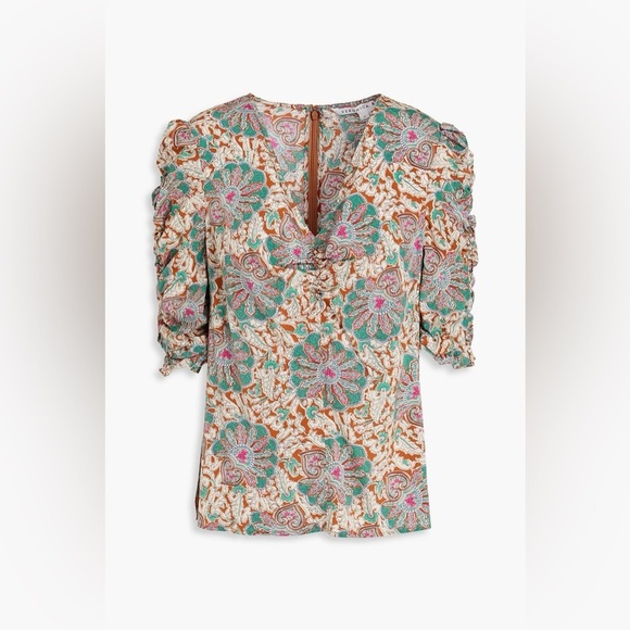 VERONICA BEARD Henrieta Ruched Paisley-print Stretch Silk Blouse Size 6 - Picture 2 of 14